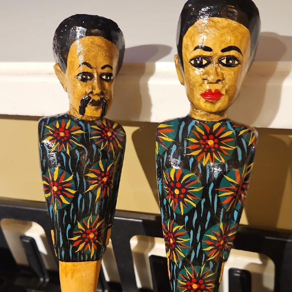 Vintage 2 Pc Man Lady Handcrafted Artistic Wooden Serving Set with Floral Design